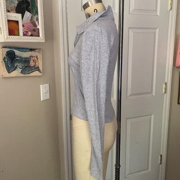 AMBIANCE Gray Ribbed knit Collared Zip front Crop Cropped Shirt *SMALL* - Picture 3 of 5